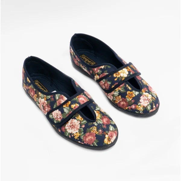 Sleepers Wilma NAVY Ladies Wide Fitting Cotton Slipper LS866