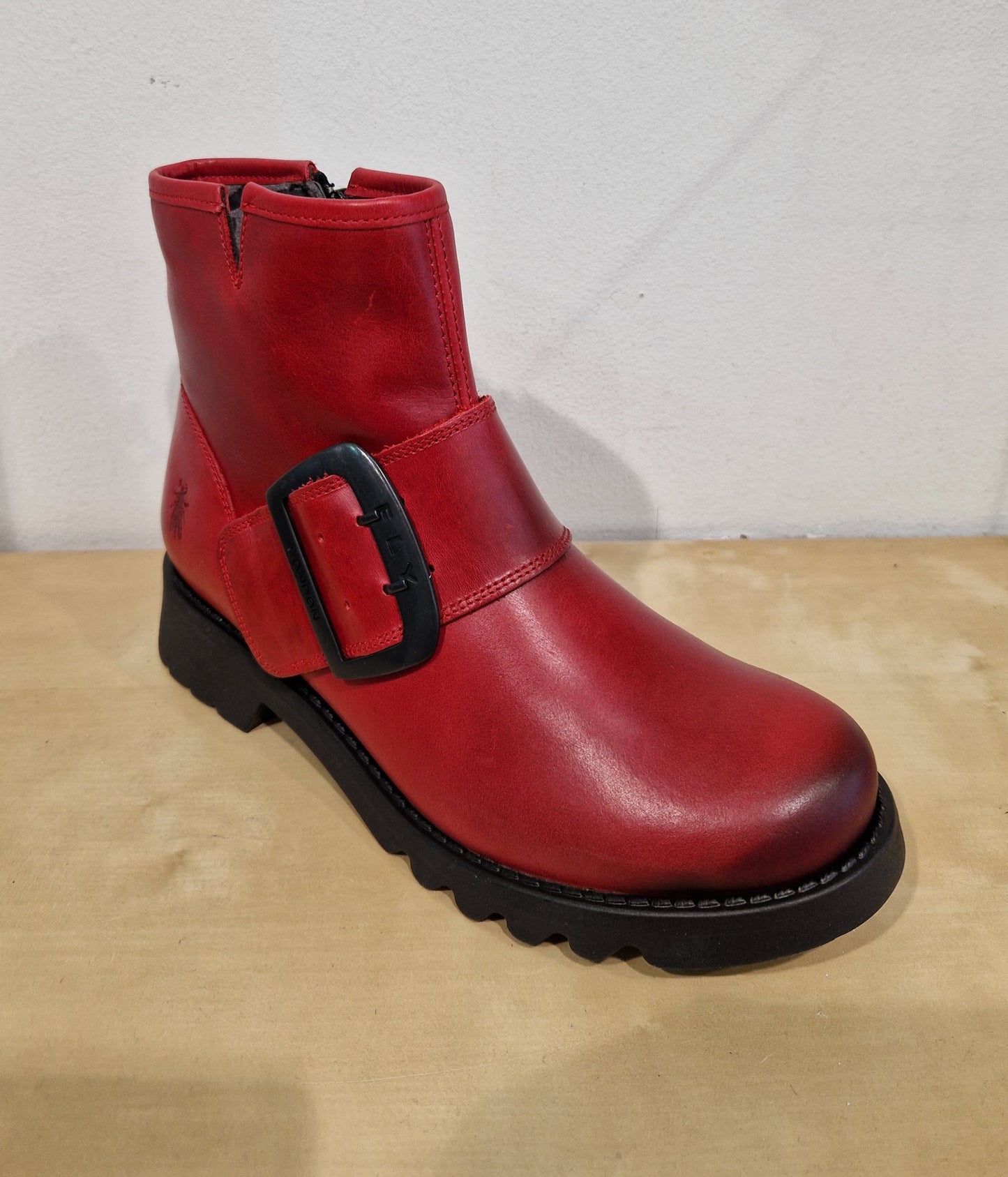 Fly London Riley RED Leather Zip Ankle Boot with Buckle Trim