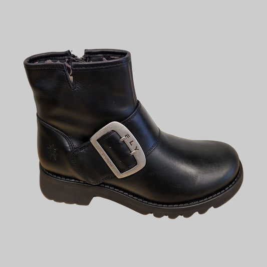 Fly London Riley BLACK Leather Zip Ankle Boot with Buckle Trim