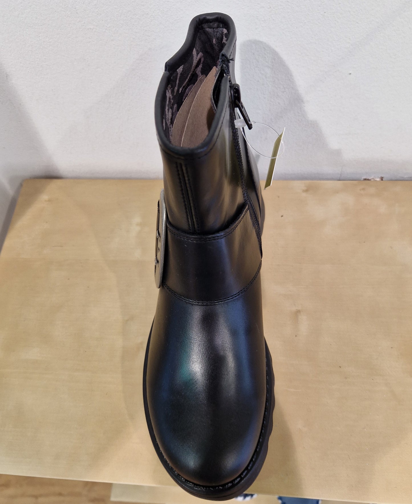 Fly London Riley BLACK Leather Zip Ankle Boot with Buckle Trim