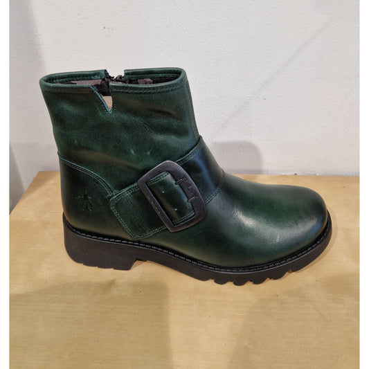 Fly London Riley PETROL Leather Zip Ankle Boot with Buckle Trim