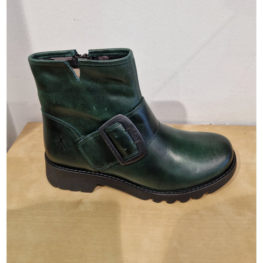 Fly London Riley PETROL Leather Zip Ankle Boot with Buckle Trim