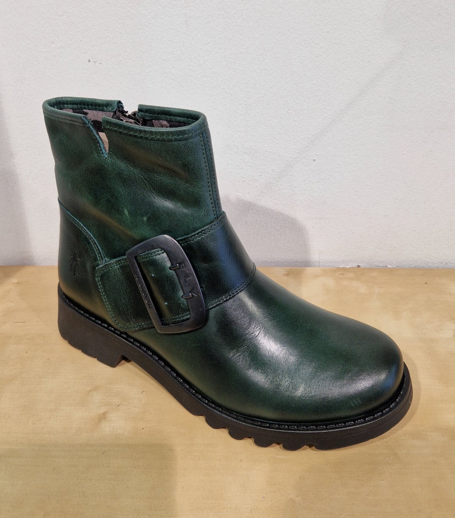 Fly London Riley PETROL Leather Zip Ankle Boot with Buckle Trim