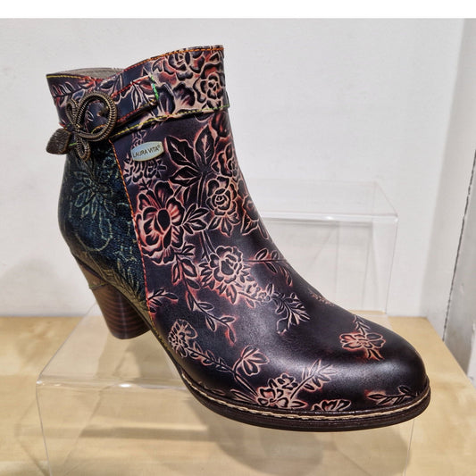 Laura Vita Alcizeeo 17 AUBERGINE Leather Flower Detail Ankle Boot