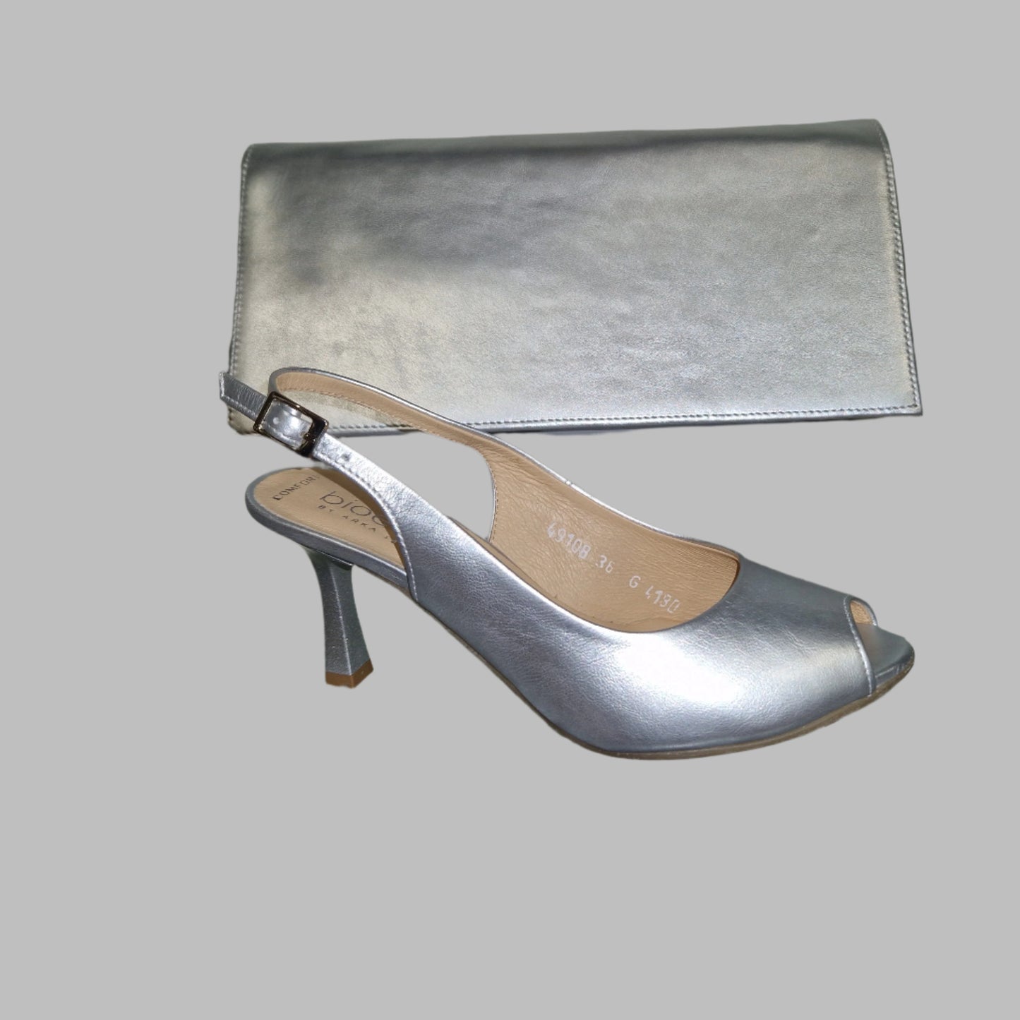 Bioeco 4180 Sling Back Slim Heel Occasion Shoe SILVER Pearl Leather 4180-2439-1661