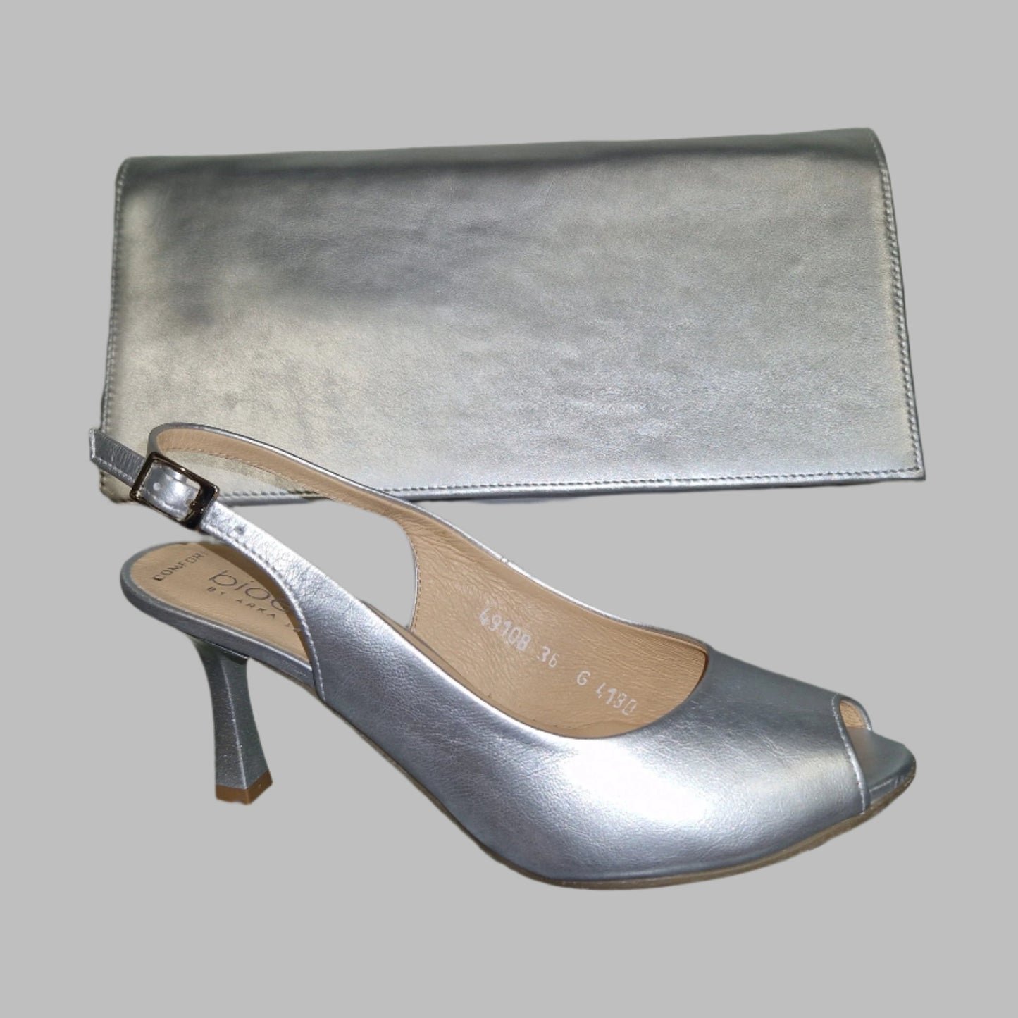 Bioeco 4180 Sling Back Slim Heel Occasion Shoe SILVER Pearl Leather 4180-2439-1661
