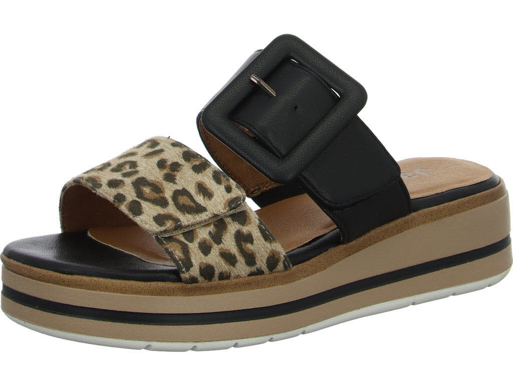 Jana 27271-42 Black LEOPARD Touch Fastening Wide Fit Wedge Mule Sandal