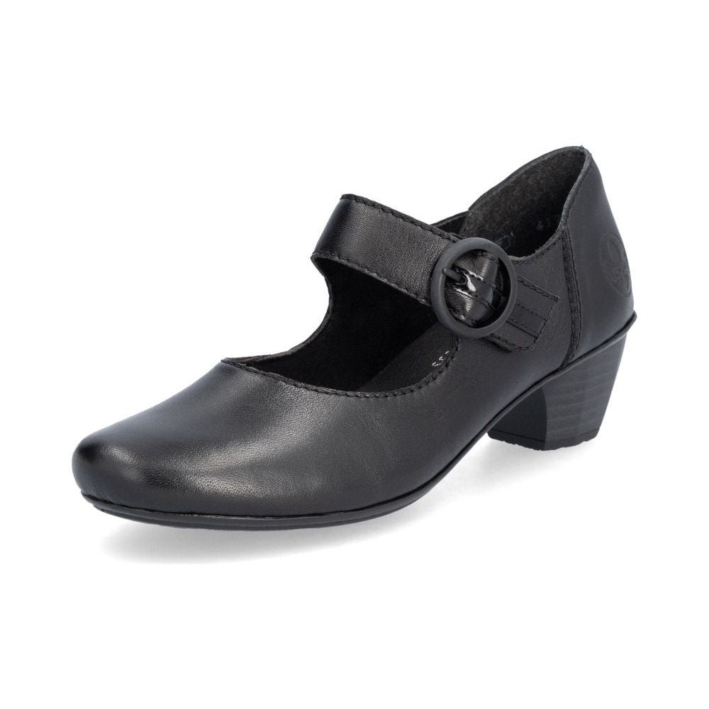 Rieker Ladies Shoe 41756 Low Heeled Court shoe with touch fastening Bar BLACK 41756-00