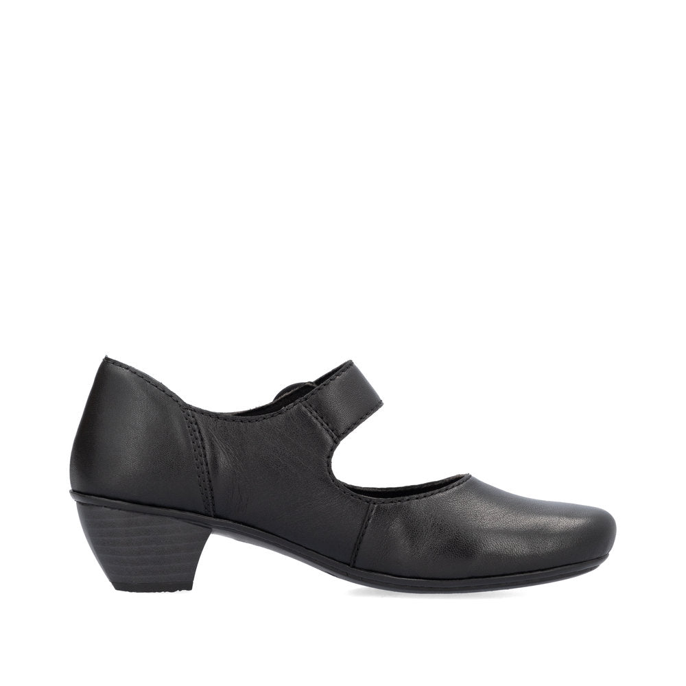 Rieker Ladies Shoe 41756 Low Heeled Court shoe with touch fastening Bar BLACK 41756-00