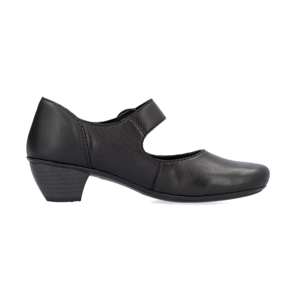 Rieker Ladies Shoe 41756 Low Heeled Court shoe with touch fastening Bar BLACK 41756-00
