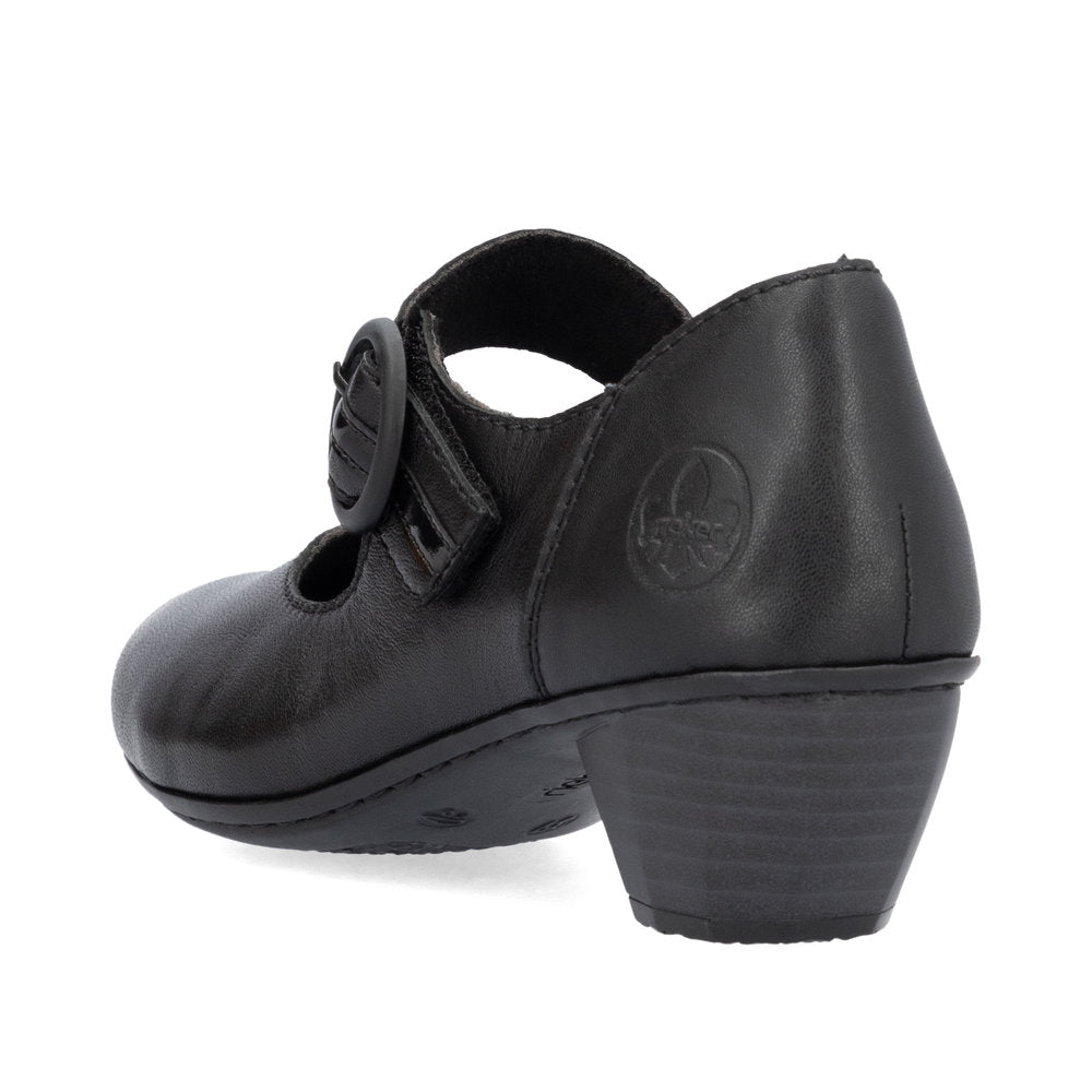 Rieker Ladies Shoe 41756 Low Heeled Court shoe with touch fastening Bar BLACK 41756-00