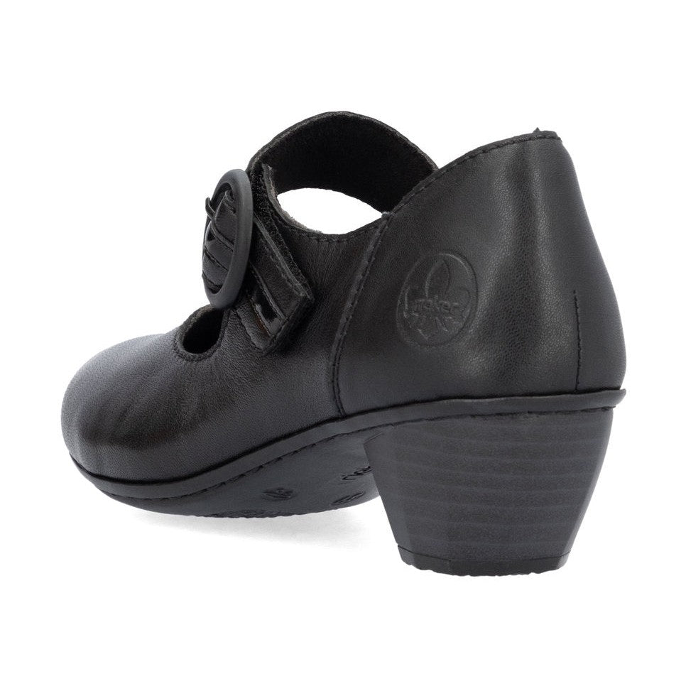 Rieker Ladies Shoe 41756 Low Heeled Court shoe with touch fastening Bar BLACK 41756-00