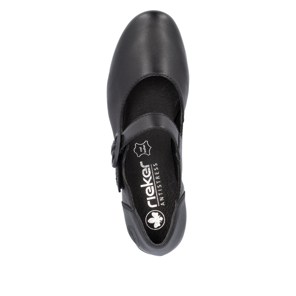 Rieker Ladies Shoe 41756 Low Heeled Court shoe with touch fastening Bar BLACK 41756-00