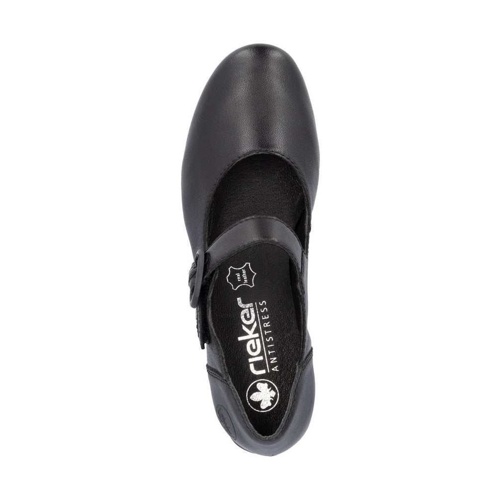 Rieker Ladies Shoe 41756 Low Heeled Court shoe with touch fastening Bar BLACK 41756-00