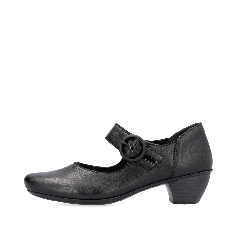 Rieker Ladies Shoe 41756 Low Heeled Court shoe with touch fastening Bar BLACK 41756-00