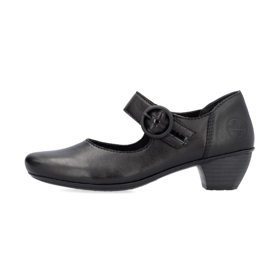 Rieker Ladies Shoe 41756 Low Heeled Court shoe with touch fastening Bar BLACK 41756-00