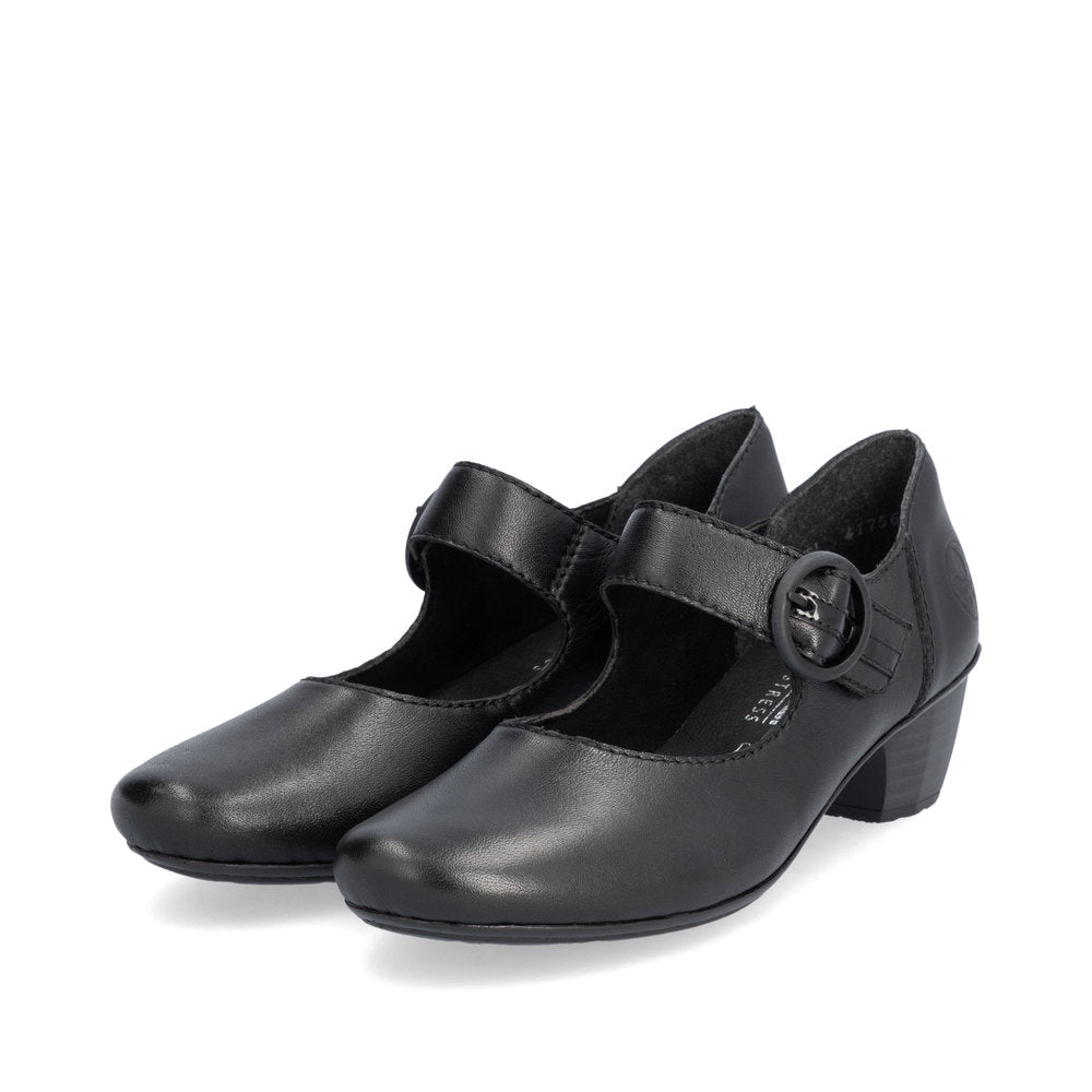 Rieker Ladies Shoe 41756 Low Heeled Court shoe with touch fastening Bar BLACK 41756-00