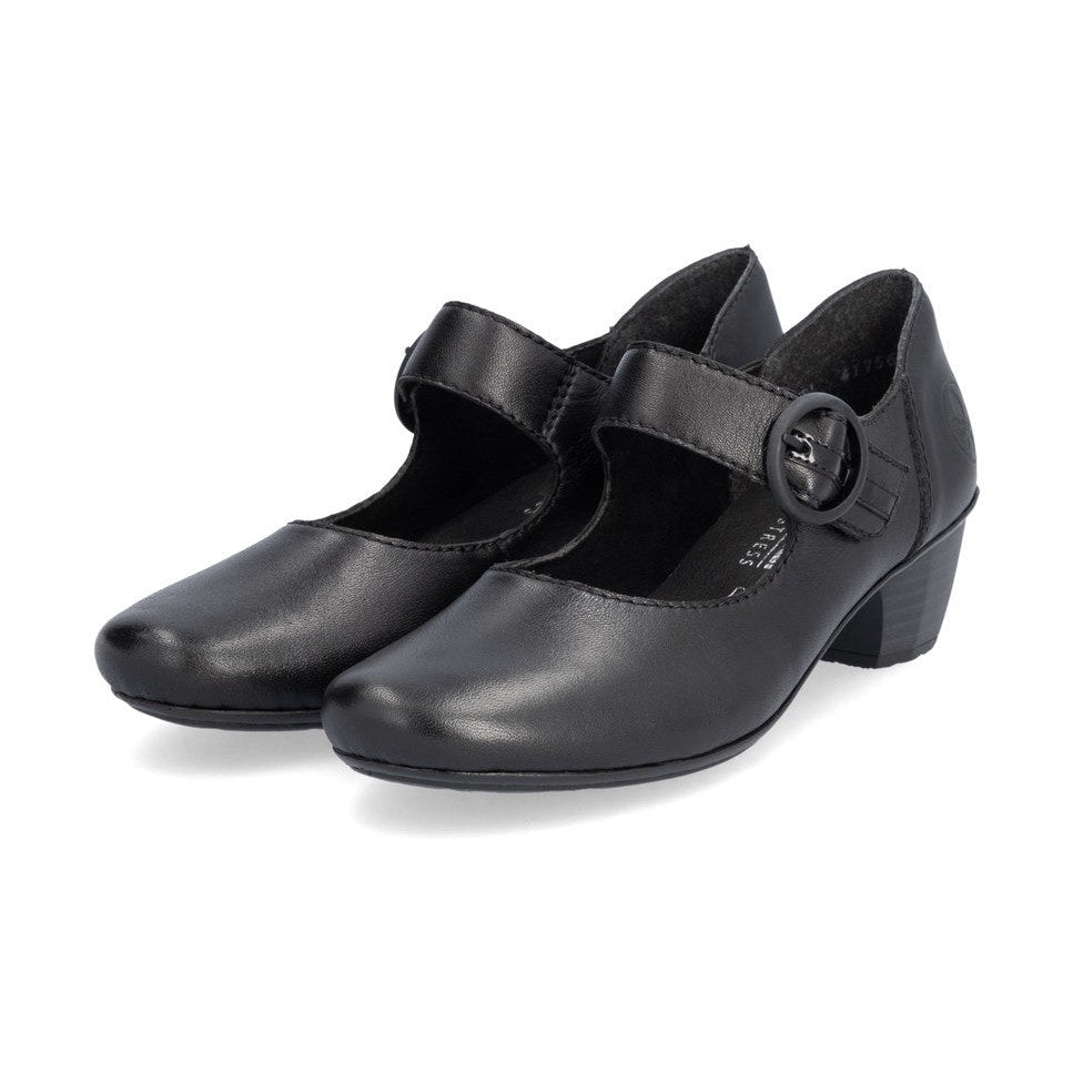 Rieker Ladies Shoe 41756 Low Heeled Court shoe with touch fastening Bar BLACK 41756-00