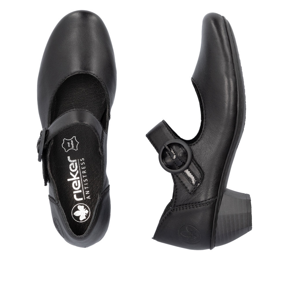 Rieker Ladies Shoe 41756 Low Heeled Court shoe with touch fastening Bar BLACK 41756-00