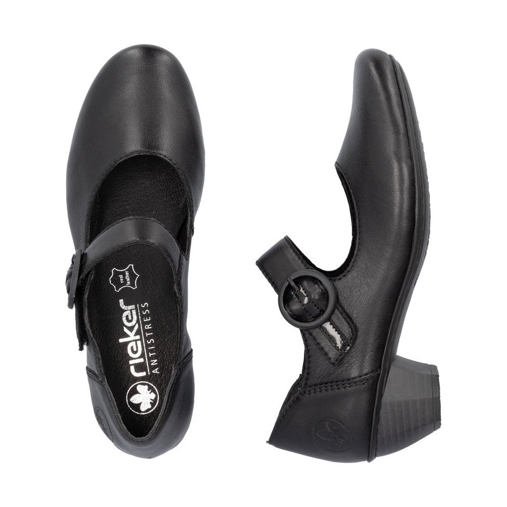 Rieker Ladies Shoe 41756 Low Heeled Court shoe with touch fastening Bar BLACK 41756-00