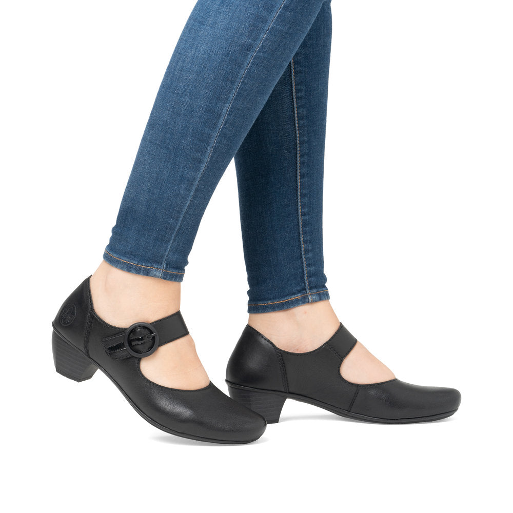 Rieker Ladies Shoe 41756 Low Heeled Court shoe with touch fastening Bar BLACK 41756-00