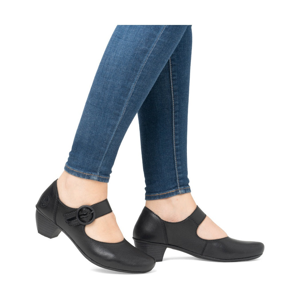 Rieker Ladies Shoe 41756 Low Heeled Court shoe with touch fastening Bar BLACK 41756-00