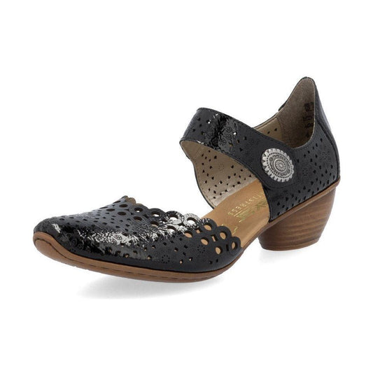 Rieker Shoe- Smart heeled Bar Shoe with touch fastening BLACK PAT 43753-02