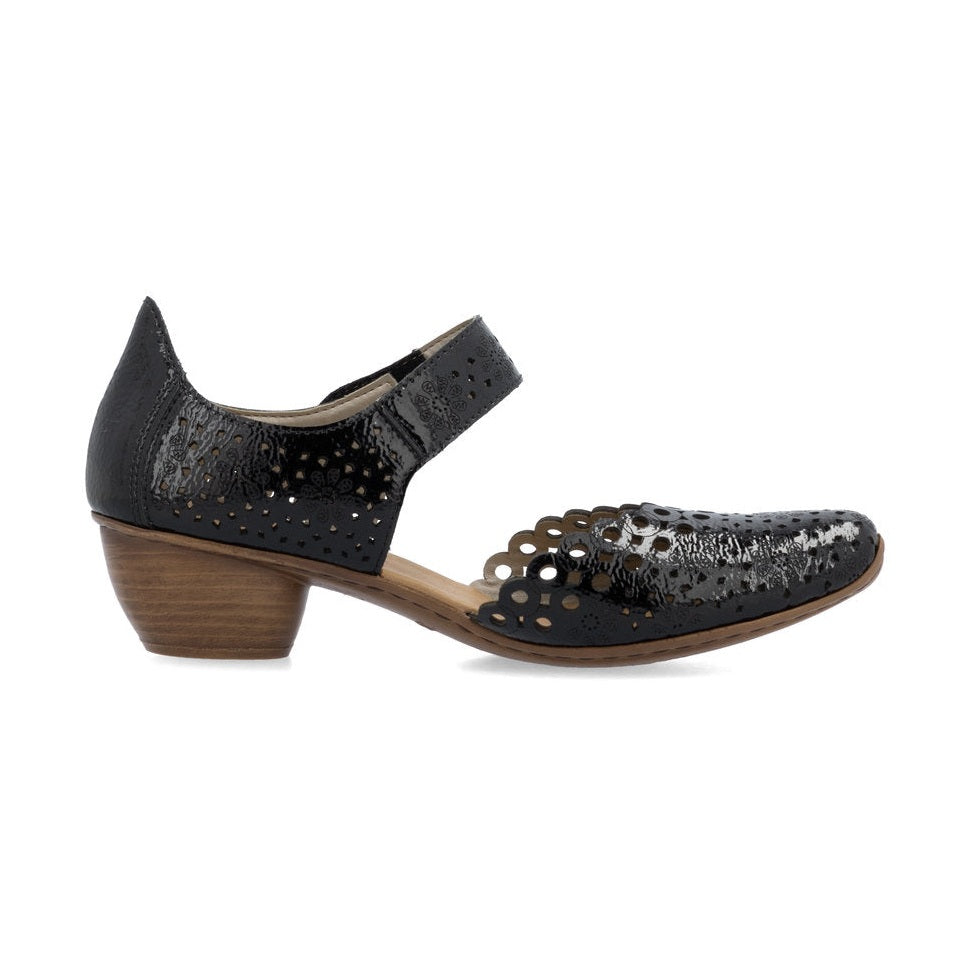 Rieker Bar Shoe 43753-02 BLACK PAT Smart Heeled Leather Bar Shoe With Touch Fastening