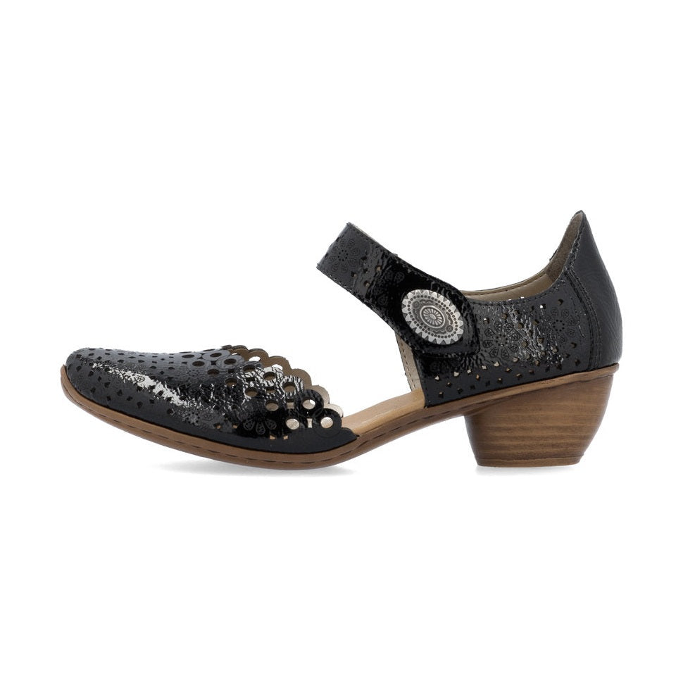 Rieker Bar Shoe 43753-02 BLACK PAT Smart Heeled Leather Bar Shoe With Touch Fastening