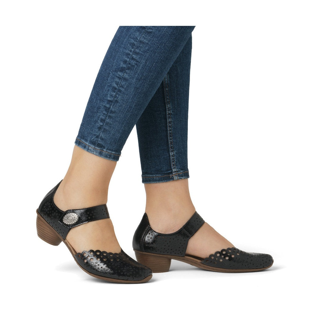 Rieker Bar Shoe 43753-02 BLACK PAT Smart Heeled Leather Bar Shoe With Touch Fastening
