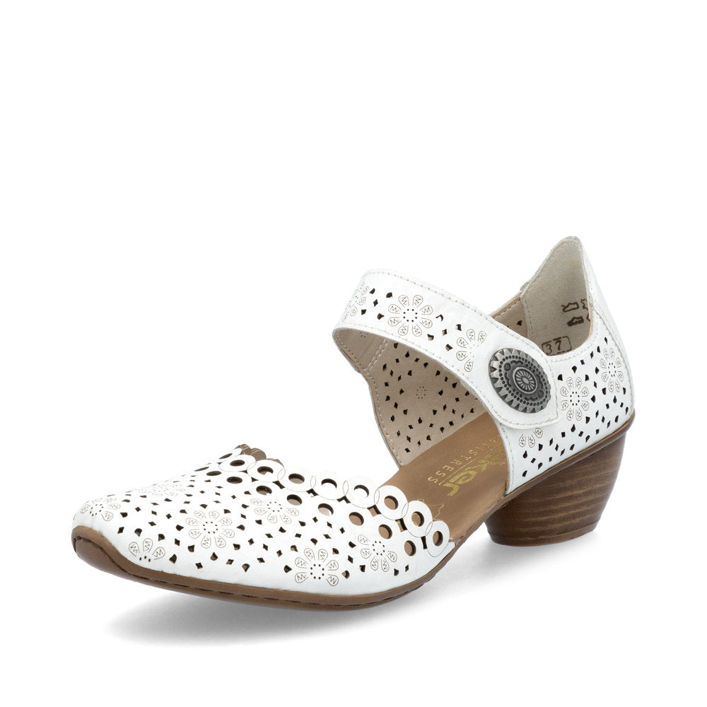 Rieker Bar Shoe 43753-80 WHITE Smart Heeled Leather Bar Shoe With Touch Fastening