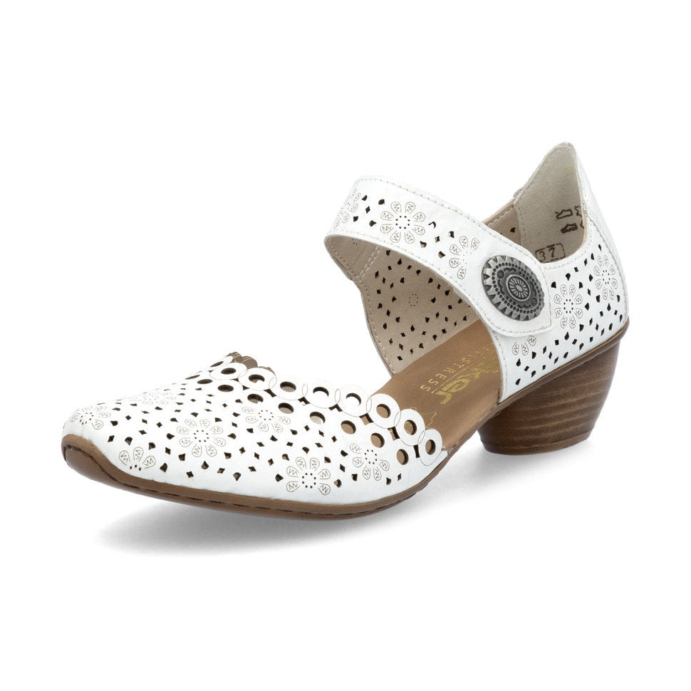 Rieker Bar Shoe 43753-80 WHITE Smart Heeled Leather Bar Shoe With Touch Fastening