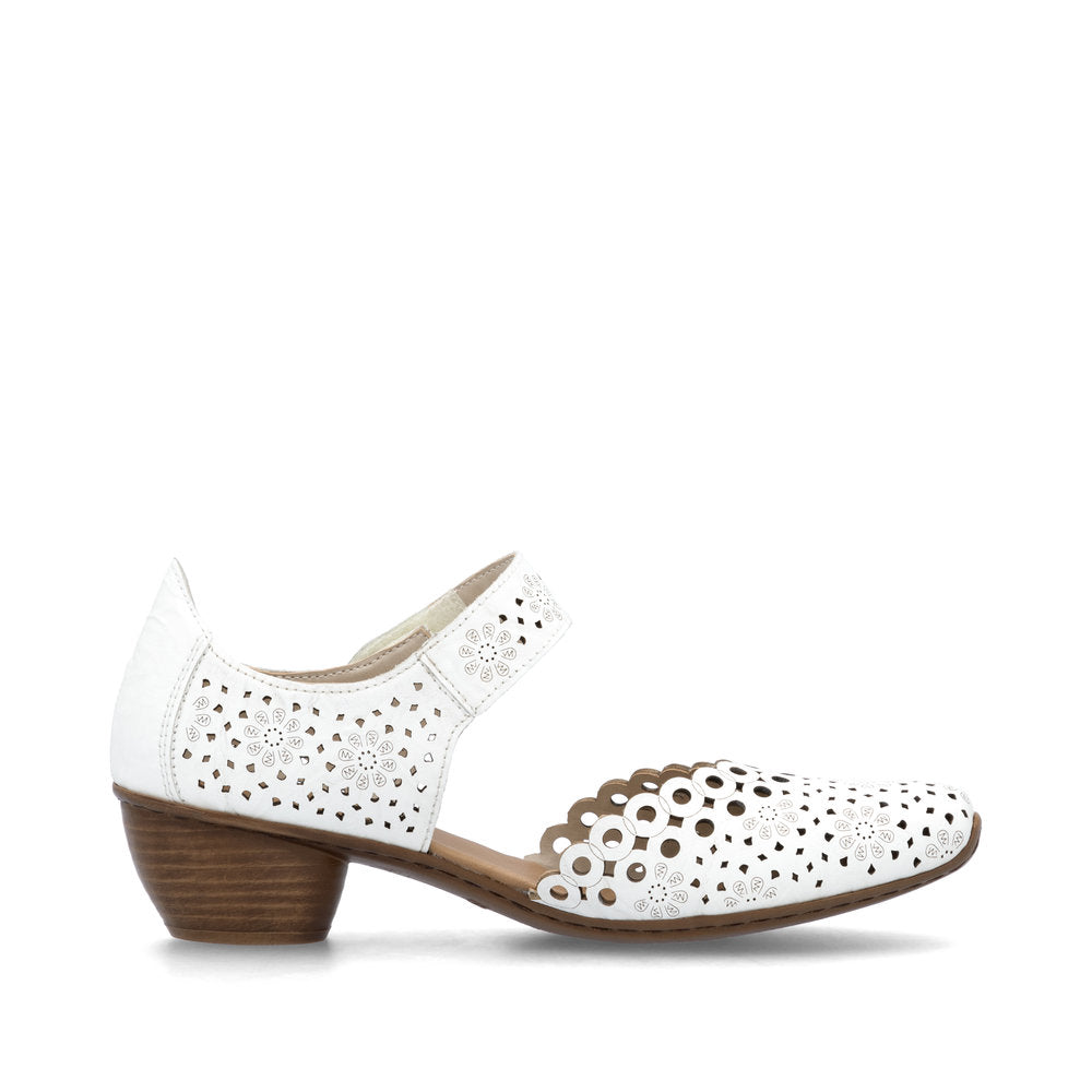 Rieker Bar Shoe 43753-80 WHITE Smart Heeled Leather Bar Shoe With Touch Fastening