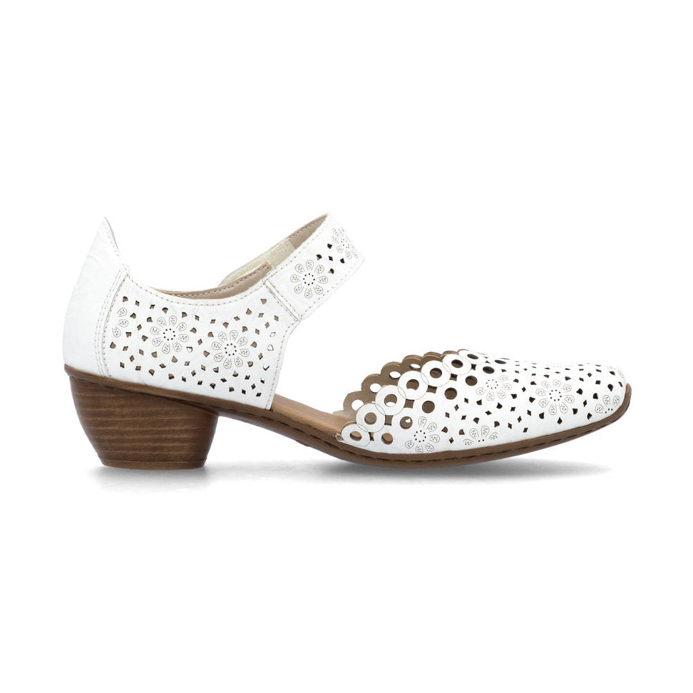 Rieker Bar Shoe 43753-80 WHITE Smart Heeled Leather Bar Shoe With Touch Fastening