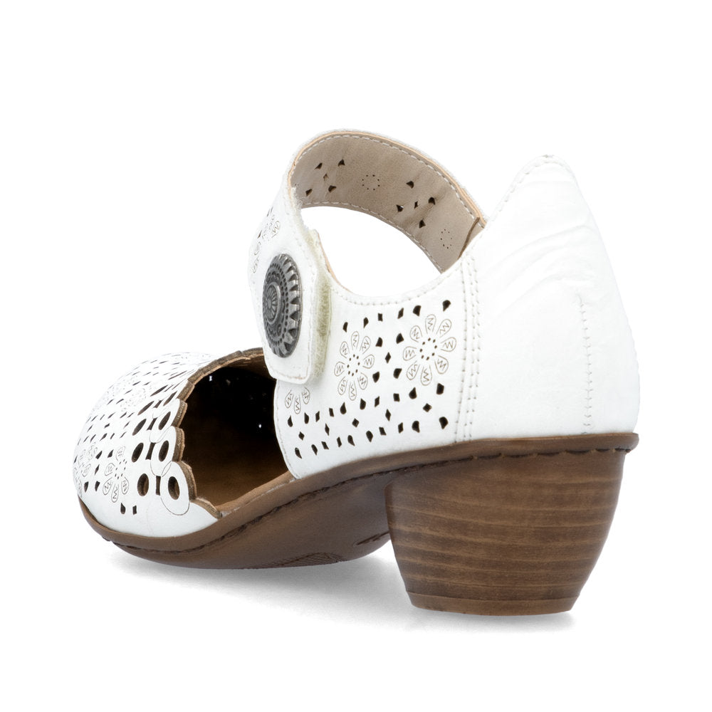 Rieker Bar Shoe 43753-80 WHITE Smart Heeled Leather Bar Shoe With Touch Fastening