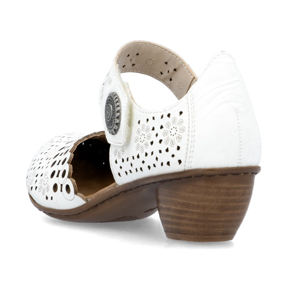 Rieker Bar Shoe 43753-80 WHITE Smart Heeled Leather Bar Shoe With Touch Fastening