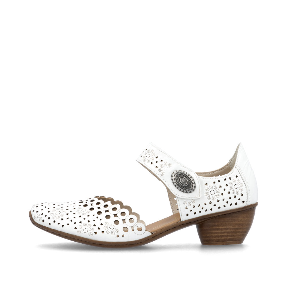 Rieker Bar Shoe 43753-80 WHITE Smart Heeled Leather Bar Shoe With Touch Fastening