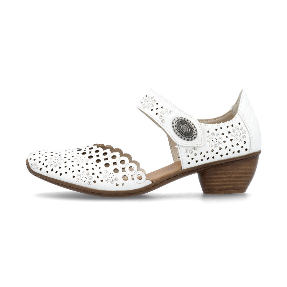 Rieker Bar Shoe 43753-80 WHITE Smart Heeled Leather Bar Shoe With Touch Fastening