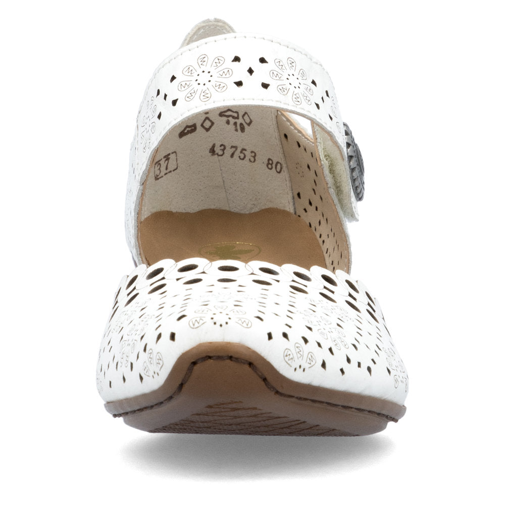 Rieker Bar Shoe 43753-80 WHITE Smart Heeled Leather Bar Shoe With Touch Fastening