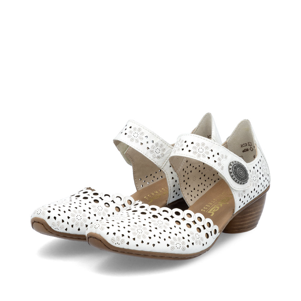 Rieker Bar Shoe 43753-80 WHITE Smart Heeled Leather Bar Shoe With Touch Fastening