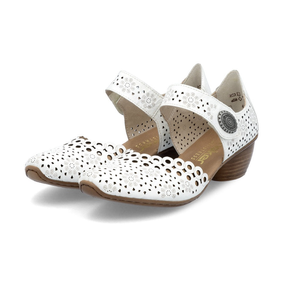 Rieker Bar Shoe 43753-80 WHITE Smart Heeled Leather Bar Shoe With Touch Fastening