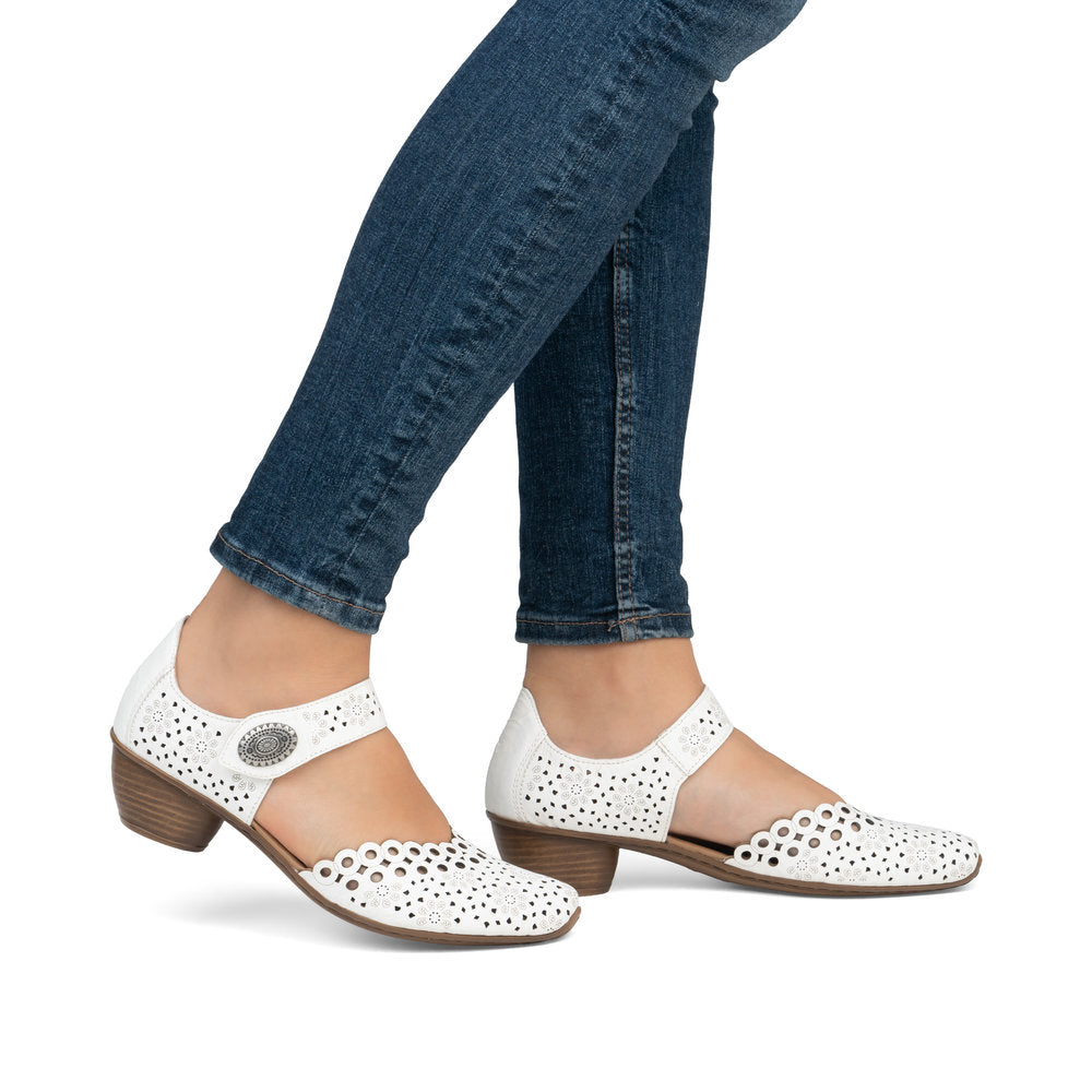 Rieker Bar Shoe 43753-80 WHITE Smart Heeled Leather Bar Shoe With Touch Fastening