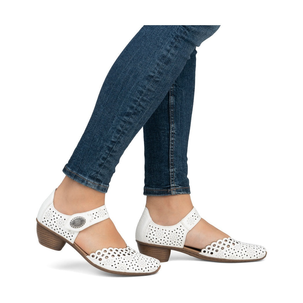 Rieker Bar Shoe 43753-80 WHITE Smart Heeled Leather Bar Shoe With Touch Fastening