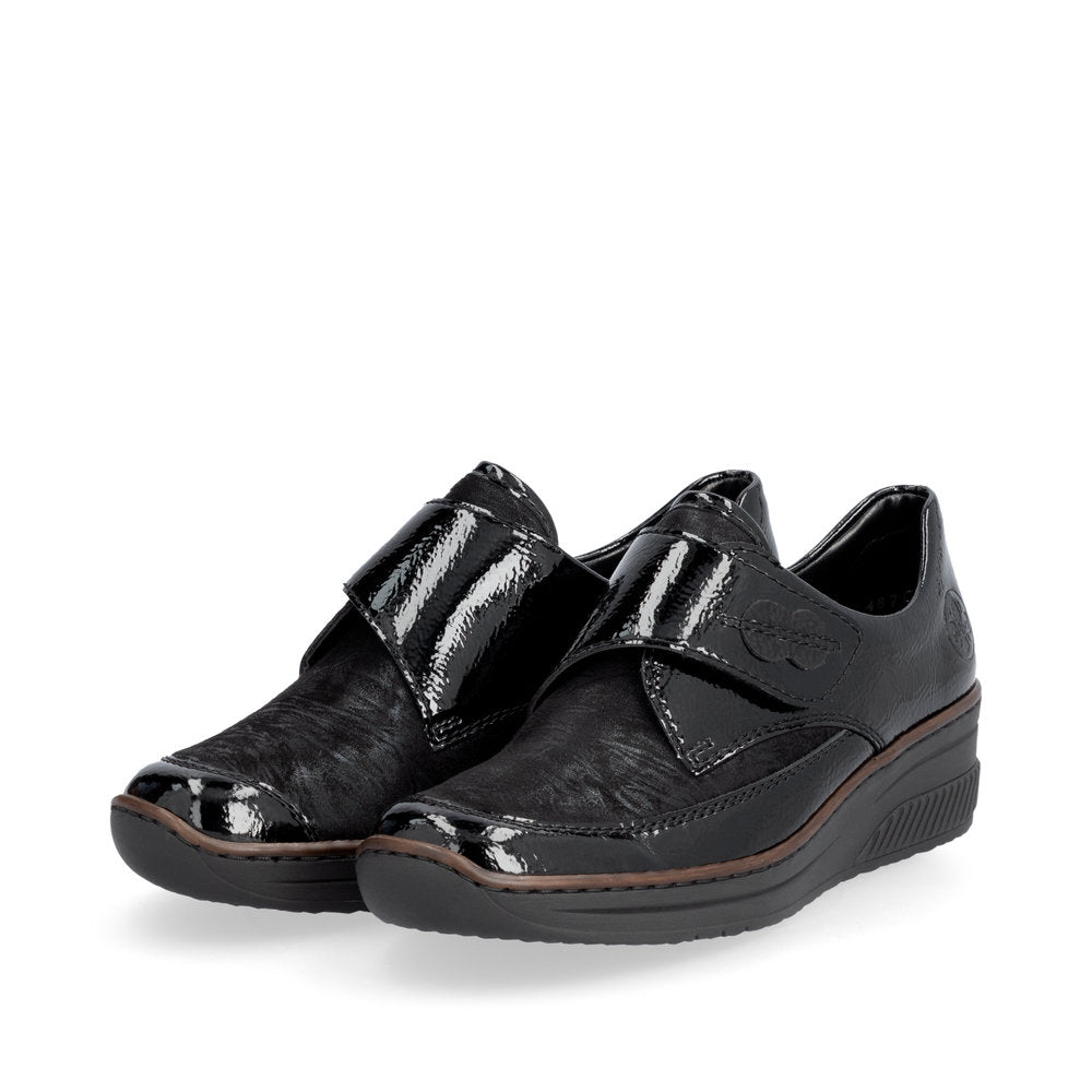 Rieker Shoe487C0-00 BLACK Touch Fastening Shoe with Stretch panels 487C0-00