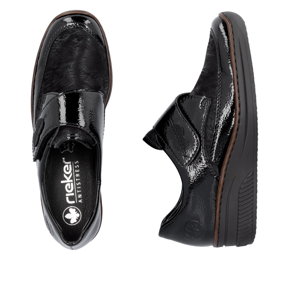 Rieker Shoe487C0-00 BLACK Touch Fastening Shoe with Stretch panels 487C0-00