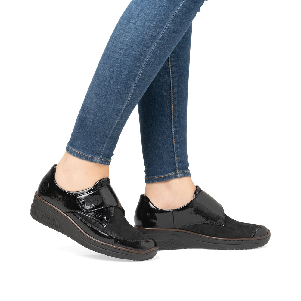 Rieker Shoe487C0-00 BLACK Touch Fastening Shoe with Stretch panels 487C0-00
