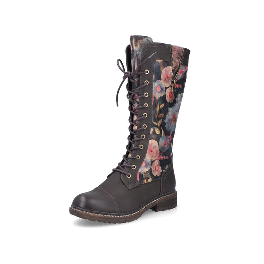 Rieker 94731 Long Leg BROWN Floral PRINT Boot with Laces and Zip 94731-91