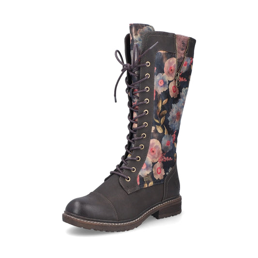 Rieker 94731 Long Leg BROWN Floral PRINT Boot with Laces and Zip 94731-91