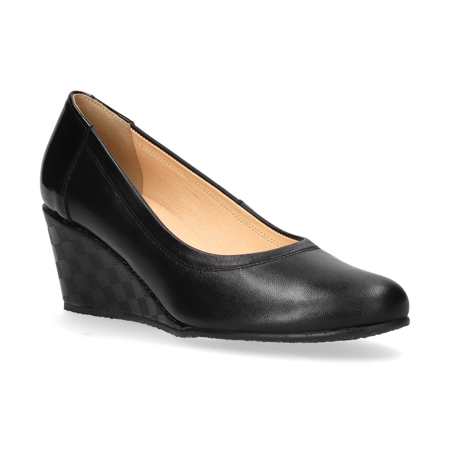 Bioeco 5899 Black soft leather wide fitting wedge Court shoe