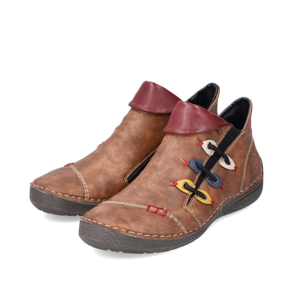 Rieker Ladies Boot 72581 Flat Ankle boot with multi coloured stitching and zip 72581-22 NUT Brown